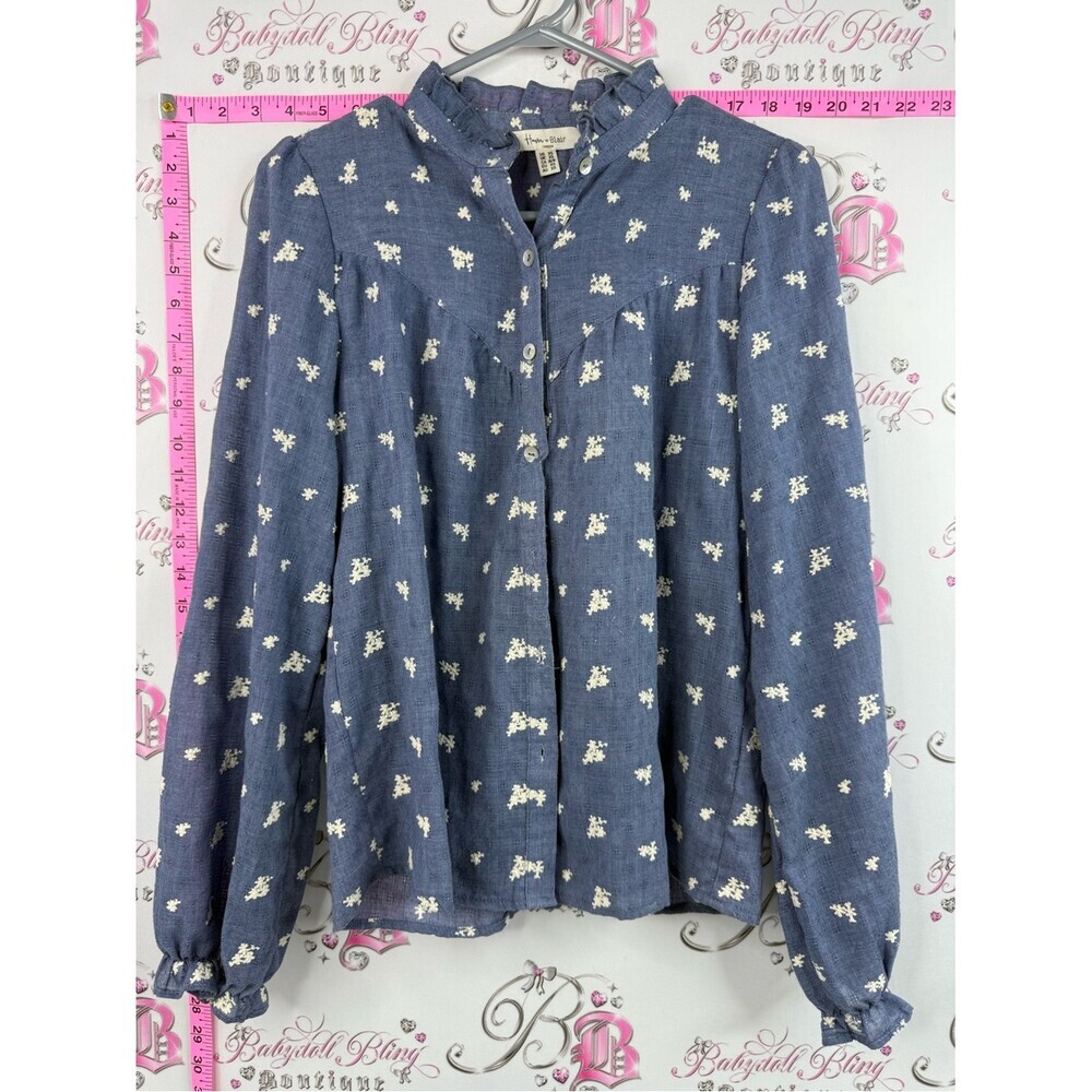 Haver & Blair London shirt blouse Embroidery Blue Floral Button-Down Shirt